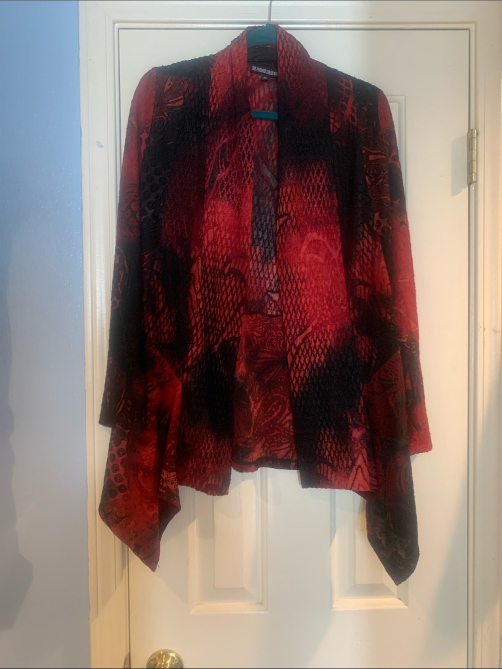 The Pyramid Collection Red and Black Open-Front Draped Cardigan